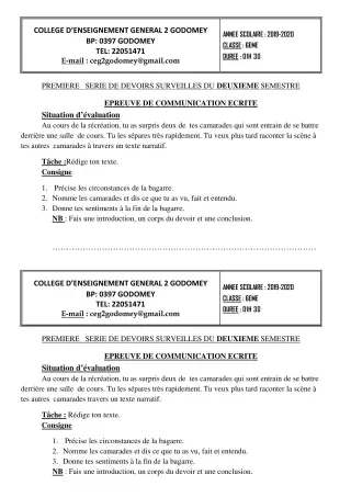 Première page de Français 6e, 5e, 4e, 4e ML, 4e ML&MC, 3e, 3e ML, 2nde A2, 2nde B, 2nde C, 2nde D, 2nde EFS, 1ère A2, 1ère B, 1ère C, 1ère D, 1ère EFS, Tle A2, Tle B, Tle C, Tle D, Tle EFS — 1er devoir surveillé, 2e s