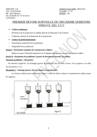 Première page de SVT 1ère D — 1er devoir surveillé, 2e semestre (2020-2021) · CEG FIYEGNON