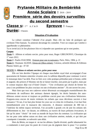 Première page de Français 1ère A, 1ère C, 1ère D — 1er devoir surveillé, 2e semestre (2018-2019) · PMB