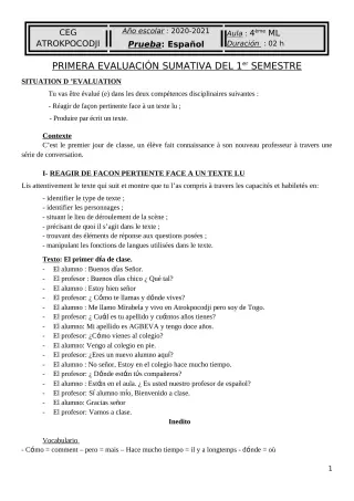 Première page de Espagnol 4e — 1er semestre (2020-2021) · CEG ATROKPOCODJI