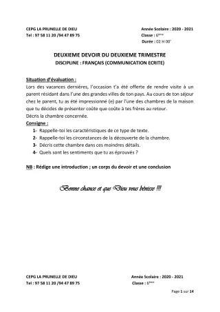 Première page de Français 6e, 5e, 4e, 3e, 3e ML, 2nde B, 2nde D — 2e devoir surveillé, 2e trimestre (2020-2021) · CEPG La Prunelle de Dieu