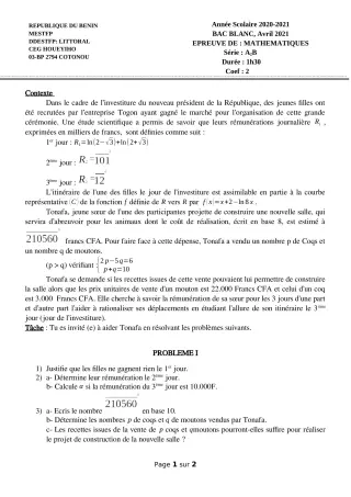 Première page de Examen Blanc de MATHS GENE — Tle A1, Tle A2, Tle B — CEG HOUEYIHO (2020)
