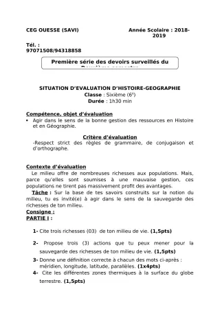 Première page de Histoire-Géographie 6e — 1er devoir surveillé, 2e semestre (2018-2019) · Ceg OUESSE