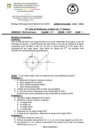 Première page de Mathématiques 6e — 2e production scolaire, 1er semestre (2023-2024) · CEG GOHO