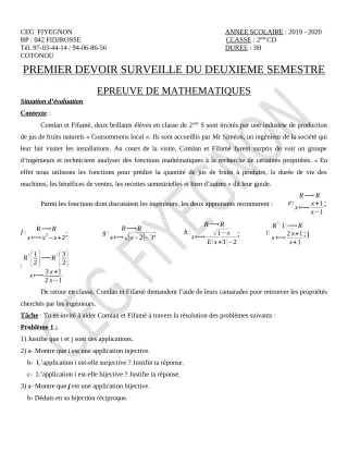 Première page de Mathématiques 2nde C, 2nde D — 1er devoir surveillé, 2e semestre (2019-2020) · CEG FIYEGNON