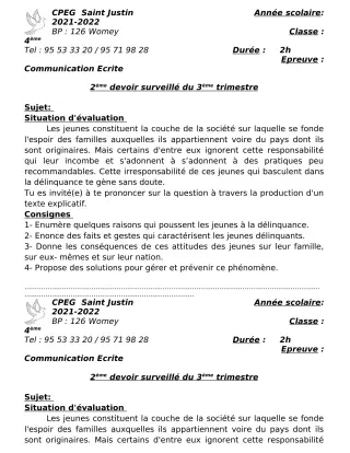 Première page de Français 4e, 1ère A2, 1ère B, 1ère C, 1ère D — 2e devoir surveillé, 3e trimestre (2021-2022) · CPEG SAINT Justin