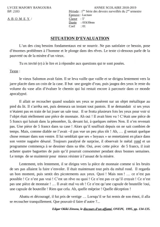 Première page de Français 5e — 1er devoir surveillé, 2e semestre (2018-2019) · Lycée Houegbadja d'Abomey (Ex Mafory Bangoura)