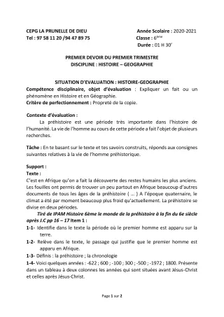 Première page de Histoire-Géographie 6e, 5e, 4e, 3e, 3e ML, 2nde B, 2nde D — 1er devoir surveillé, 1er trimestre (2020-2021) · CEPG La Prunelle de Dieu