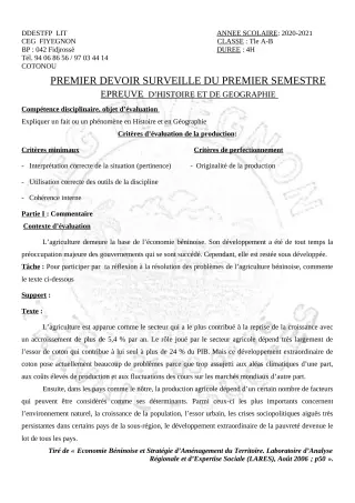 Première page de Histoire-Géographie Tle A2, Tle B — 1er devoir surveillé, 1er semestre (2020-2021) · CEG FIYEGNON