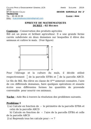Première page de Mathématiques 4e, 4e ML — Devoir surveillé, 1er trimestre (2019-2020) · CPEG LICA