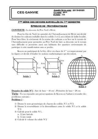 Première page de Mathématiques 6e — 1er devoir surveillé, 1er semestre (2019-2020) · CEG Ganvié