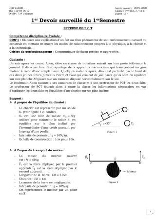 Première page de PCT 3e — 1er devoir surveillé (2019-2020) · CEG Yagbe