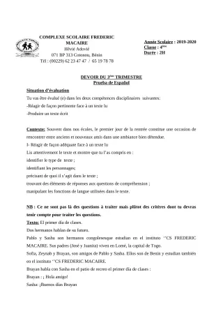 Première page de Espagnol 4e ML — Devoir surveillé, 3e trimestre (2019-2020) · CPEG Frédéric Macaire