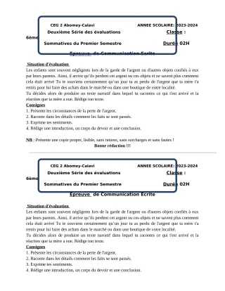 Première page de Français 6e — Devoir surveillé, 1er semestre (2023-2024) · CEG2 ABOMEY - CALAVI (CEG ZOCA)