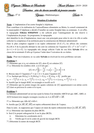Première page de Mathématiques Tle D — 2e devoir surveillé, 1er semestre (2019-2020) · PMB