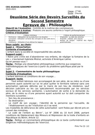 Première page de Philosophie 2nde A & B, 2nde C, 2nde D — 2e devoir surveillé, 2e semestre (2020-2021) · CEG Agassa Godomey