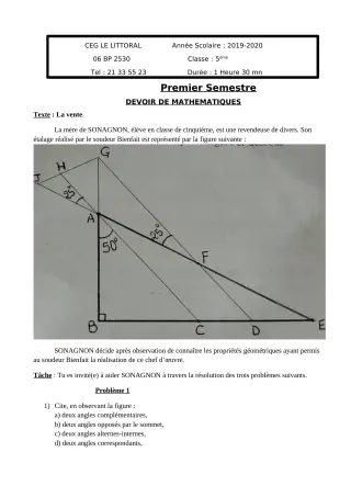 Première page de Mathématiques 5e — Devoir surveillé, 1er semestre (2019-2020) · CEG Le Littoral