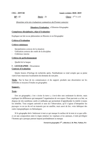 Première page de Histoire-Géographie 2nde C, 2nde D — 2e évaluation sommative, 1er semestre (2018-2019) · CEG Zinvié
