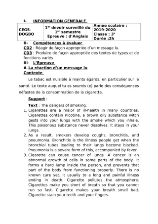 Première page de Anglais 3e, 3e ML — 1er devoir surveillé, 1er semestre (2018-2019) · CEG5 DOGBO