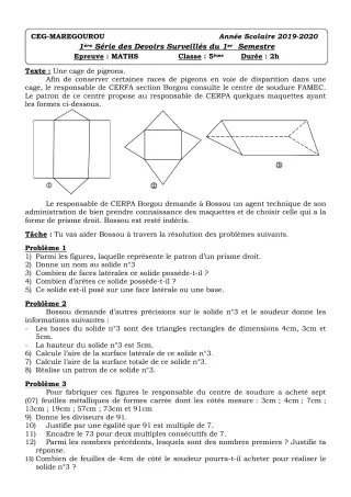 Première page de Mathématiques 5e — 1er devoir surveillé, 1er semestre (2019-2020) · CEG MAREGOUROU