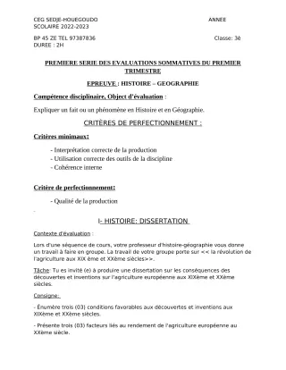 Première page de Histoire-Géographie 3e ML — 1re évaluation sommative, 1er trimestre (2022-2023) · CEG Sèdjè-Houègoudo
