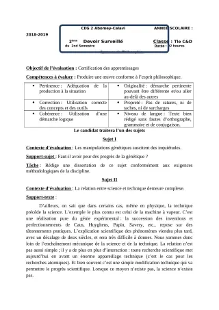 Première page de Philosophie Tle C, Tle D — Devoir surveillé, 2e semestre (2018-2019) · CEG2 ABOMEY - CALAVI (CEG ZOCA)