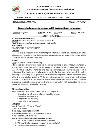 Première page de Anglais 4e — Devoir surveillé, 3e trimestre (2021-2022) · Hibiscus 1er cycle