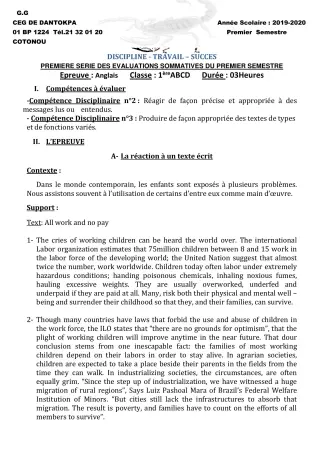 Première page de Anglais 1ère A2, 1ère B, 1ère C, 1ère D — 1re évaluation sommative, 1er semestre (2019-2020) · CEG Dantokpa