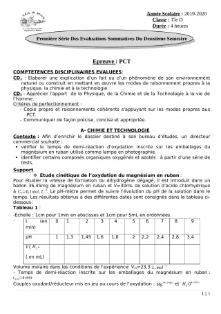 Première page de PCT Tle D — 1re évaluation sommative, 2e semestre (2019-2020) · CEG Sô-Ava