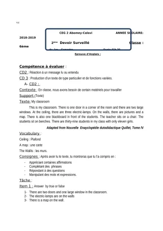 Première page de Anglais 6e — 2e devoir surveillé, 1er semestre (2018-2019) · CEG2 ABOMEY - CALAVI (CEG ZOCA)