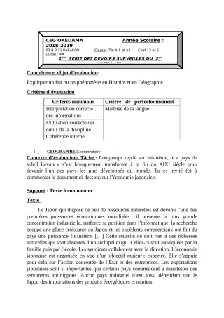 Première page de Histoire-Géographie Tle A1, Tle A2 — 1er devoir surveillé, 2e semestre (2018-2019) · CEG OKEDAMA