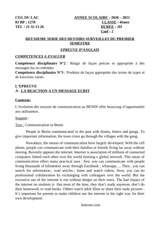 Première page de Anglais 4e — 2e devoir surveillé, 1er semestre (2020-2021) · CEG du Lac