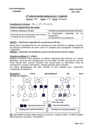 Première page de SVT Tle D — 2e devoir surveillé, 1er semestre (2021-2022) · Lycée Houegbadja d'Abomey (Ex Mafory Bangoura)