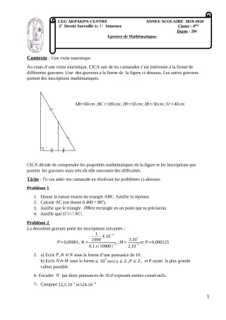 Première page de Mathématiques 4e, 4e ML — 2e devoir surveillé, 1er semestre (2019-2020) · CEG 1 Akpakpa-Centre