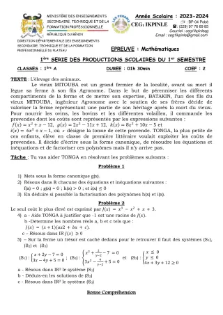 Première page de Mathématiques 1ère A — 1re production scolaire, 1er semestre (2023-2024) · CEG1 Ikpinlè