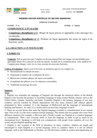 Première page de Anglais Tle A2 — 1er devoir surveillé, 2e semestre (2021-2022) · CEG SEKERE