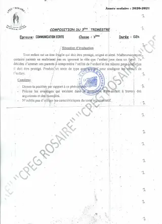 Première page de Français 3e, 3e ML — Composition, 1er trimestre (2020-2021) · CPEG ROSAIRE