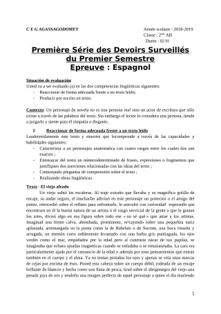 Première page de Espagnol 2nde A & B — 1er devoir surveillé, 1er semestre (2018-2019) · CEG Agassa Godomey