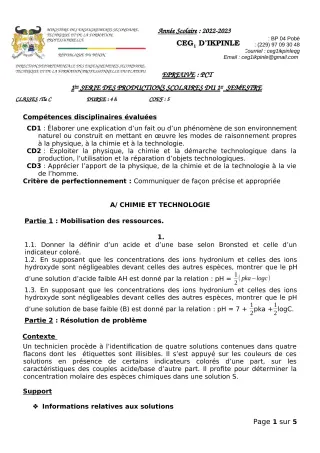 Première page de PCT Tle C — 1re production scolaire, 1er semestre (2022-2023) · CEG1 Ikpinlè
