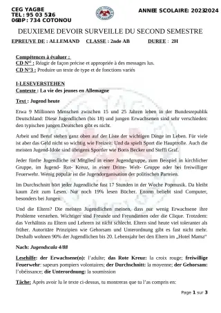 Première page de Allemand 2nde A2, 2nde B — 2e devoir surveillé, 2e semestre (2023-2024) · CEG Yagbe