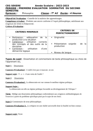 Première page de Philosophie Tle A2 — 1re évaluation sommative, 2e semestre (2022-2023) · CEG SEKERE