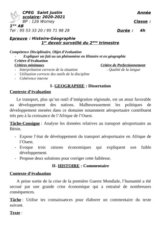 Première page de Histoire-Géographie 1ère A2, 1ère B — 1er devoir surveillé, 2e trimestre (2020-2021) · CPEG SAINT Justin