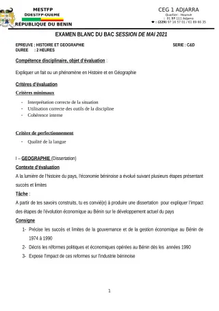 Première page de Examen Blanc de HIST-GEO — Tle C, Tle D — CEG1 Adjarra (2020)
