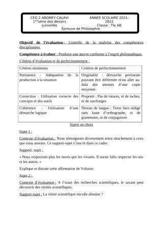 Première page de Philosophie Tle A1 — Devoir surveillé, 2e semestre (2021-2022) · CEG2 ABOMEY - CALAVI (CEG ZOCA)