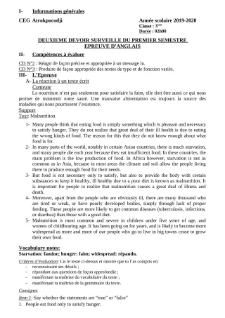 Première page de Anglais 3e, 3e ML — 2e devoir surveillé, 1er semestre (2019-2020) · CEG ATROKPOCODJI