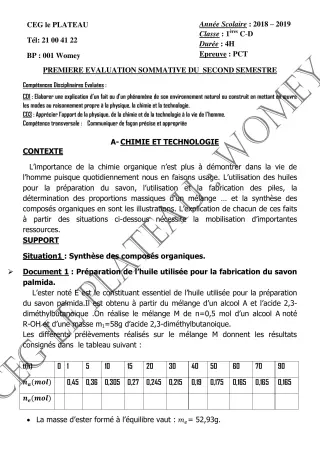 Première page de PCT 1ère C — 1re évaluation sommative, 2e semestre (2018-2019) · CEG Le Plateau