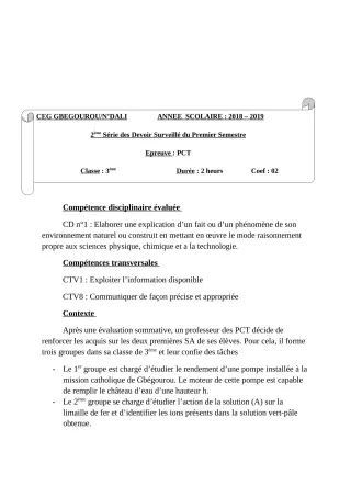 Première page de PCT 3e — 2e devoir surveillé, 1er semestre (2018-2019) · CEG Gbegourou