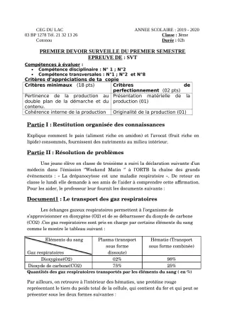 Première page de SVT 3e — 1er devoir surveillé, 1er semestre (2019-2020) · CEG du Lac
