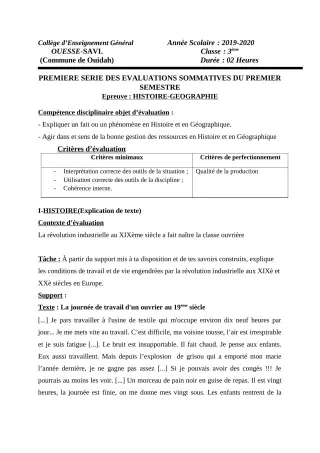 Première page de Histoire-Géographie 3e, 3e ML — 1re évaluation sommative, 1er semestre (2019-2020) · Ceg OUESSE