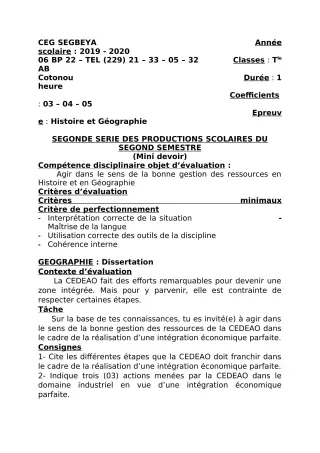 Première page de Mathématiques Tle A1, Tle B — Production scolaire (2019-2020) · CEG SEGBEYA